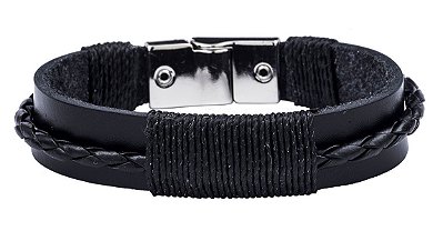 BRACELETE COURO PRETO COM CORDAO TRANÇADO COD B1007