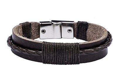 BRACELETE COURO MARROM COM CORDAO TRANÇADO COD B1007