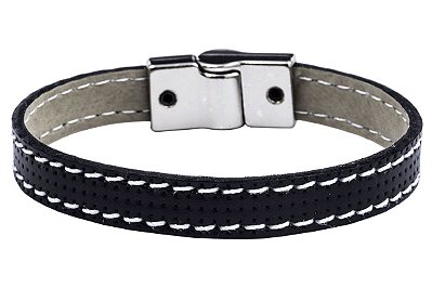 BRACELETE COURO FURADINHO PRETO COSTURA BRANCA COD B1008