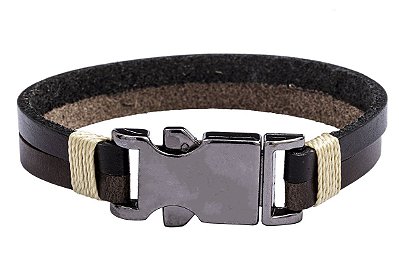 BRACELETE COURO PRETO E MARROM DUAS TIRAS COD B1009