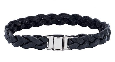 BRACELETE COURO PRETO TRANÇADO COD B1012