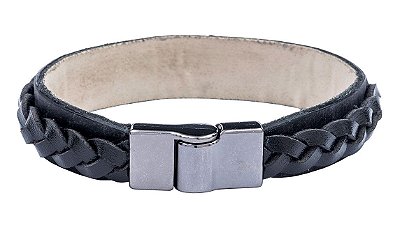 BRACELETE COURO PRETO COM CORDAO TRANÇADO  COD B1017