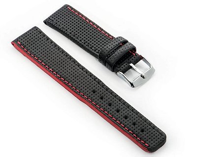 PULSEIRA DE COURO FURADO LONGA PRETO COM VERMELHO  COD. 66