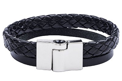 BRACELETE COURO SOLETA PRETO COM TRANÇADO COD 1030PT