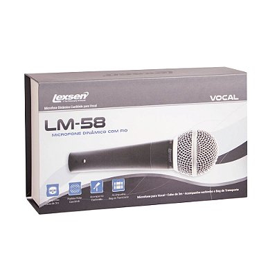 Microfone profissional Lexsen LM-58 cardióide com cabo, cachimbo e bag premium.