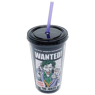 Copo com Canudo WB Joker Wanted Preto - 9,5x9,5x15,5 cm - 500 ml - Urban Brasil