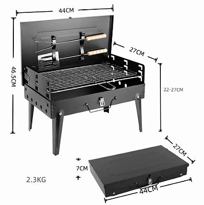 Churrasqueira portátil dobrável com garfo e espátula tipo maleta lap top 43 x 26,5 x 46,5 cm Bom de Brasa para Camping e Praia