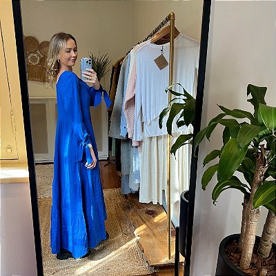 Vestido Linho Decote Quadrado M/L Laço Azul Bic