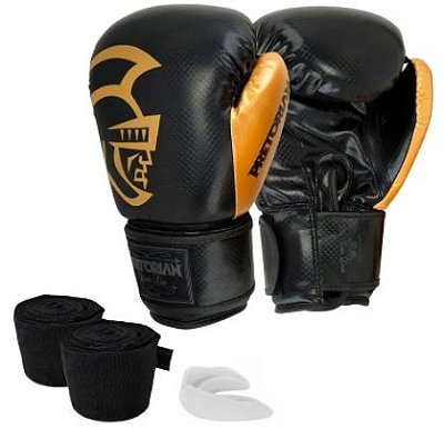 CONJUNTO LUVA BOXE/MUAY THAI PRETORIAN BLACK GOLD 12OZ