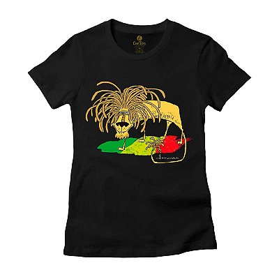 Camiseta Feminina Cool Tees Fernando Gonsales Leão Jamaica Bob Marley
