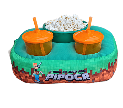 ALMOFADA KIT PIPOCA MINECRAFT + 2 COPOS COM TAMPA E CANUDO