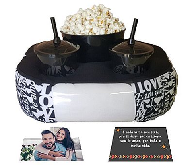 ALMOFADA KIT PIPOCA LOVE PORTA RETRATO + 2 COPOS COM TAMPA E CANUDO