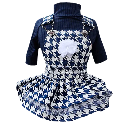 Vestido Jardineira Pied de Poule para pet com Blusinha Canelada