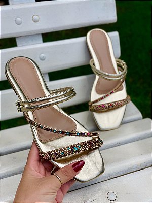 Sandália Feminina Com Strass pedrinha Ouro no Atacado
