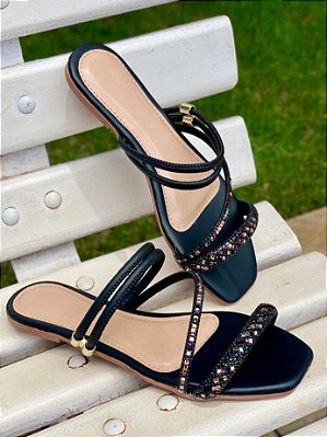 Sandália Feminina Com Strass pedrinha Preto no Atacado