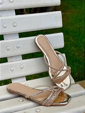 Rasteirinha Feminina Com Strass pedrinha Ouro no Atacado