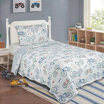 Kit Colcha Evolution Patchwork - Solteiro - Bicicletas - Camesa