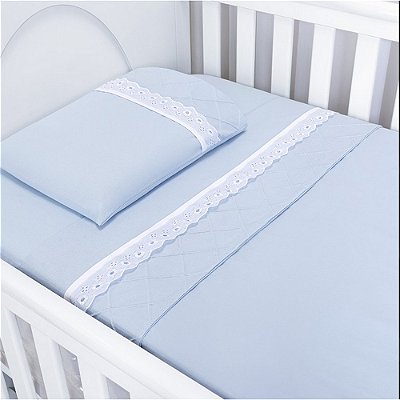 Jogo de Lençol Classic Nervuras e Bordados Inglês - 3 peças - Azul - Batistela Baby