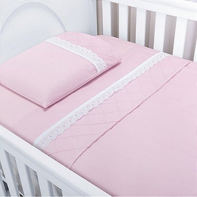Jogo de Lençol Classic Nervuras e Bordados Inglês - 3 peças - Rosa - Batistela Baby