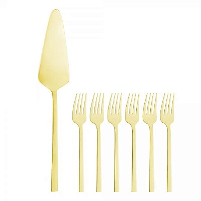 Conjunto para Bolo e Sobremesa Firenze em Inox Dourado 7 Peças - Wolff