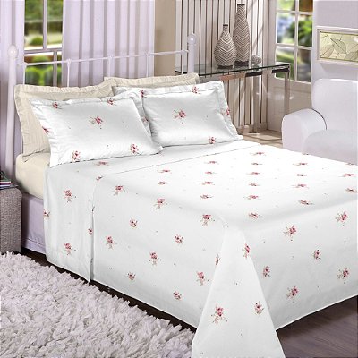 Jogo de Lençol Trésor 300 Fios Queen - Flores Salmão - 4 Peças - Estamparia