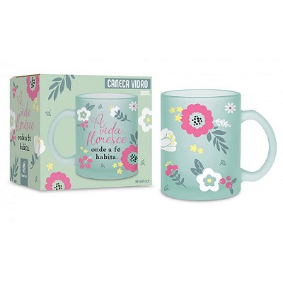 Caneca de Vidro Diamond - 300ml - A Vida Floresce - Brasfoot