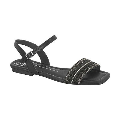 Sandália Rasteira Feminina Strass - Preto - Moleca