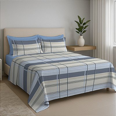 Jogo de Cama Premium Linea Queen - Grid Azure - 180 Fios - Estamparia