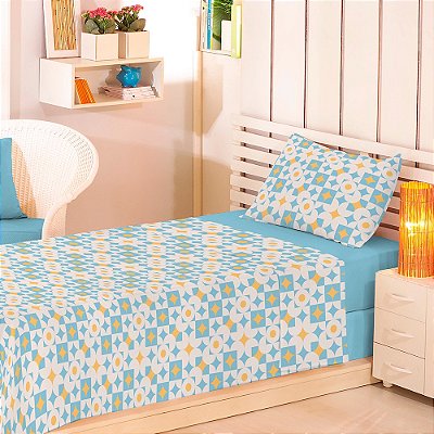 Jogo de Cama Premium Linea Solteiro King - Geométrico Azul - 180 Fios - Estamparia