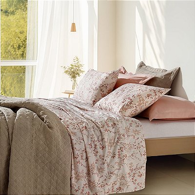 Jogo de Cama Queen 4 Peças Home Design 200 Fios - Floral Pêssego - Corttex