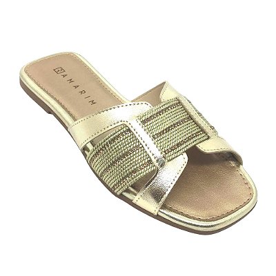 Chinelo Feminino Rasteira em H com Strass - Dourada - Ramarim