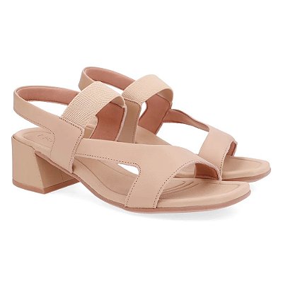 Sandália Salto Baixo Bloco Couro Tira Elástica - Bege - Usaflex
