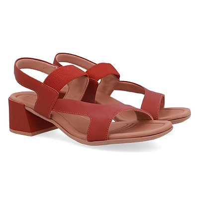 Sandália Salto Baixo Bloco Couro Tira Elástica - Terracota - Usaflex