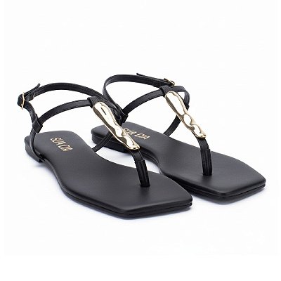 Sandália Rasteira Detalhe Dourado - Preta - Sua Cia