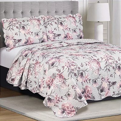 Kit Colcha Dupla Face Patchwork Casal - Buquê Rosa - Camesa