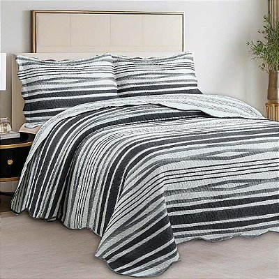 Kit Colcha Evolution Patchwork Solteiro - Listras Preto - Camesa