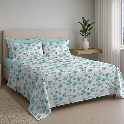 Jogo de Cama Premium Queen - Floral Blue - 150 Fios - Estamparia