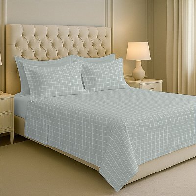 Jogo de Lençol Trésor 300 Fios Queen - Grid Verde - 4 Peças - Estamparia