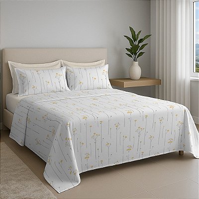 Jogo de Cama Premium Queen - Flores Amarelas - 200 Fios - Estamparia