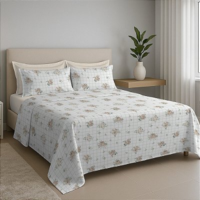 Jogo de Cama Premium Casal - Grid Floral - 150 Fios - Estamparia
