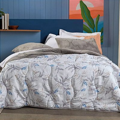 Edredom Blend Comfort Plush Dupla Face Solteiro - Cinza Floral - Altenburg