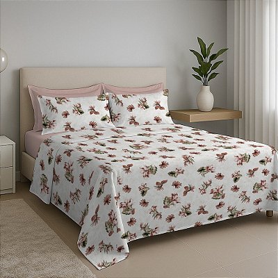 Jogo de Cama Premium Linea Queen - Floral Rosa - 180 Fios - Estamparia