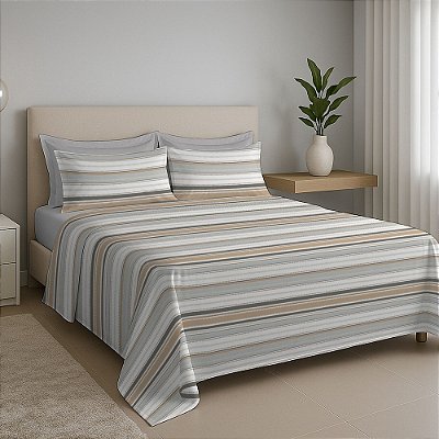 Jogo de Cama Premium Casal - Listras Bege/Cinza - 150 Fios - Estamparia