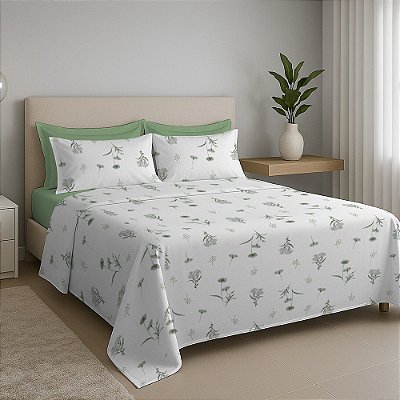 Jogo de Cama Premium Solteiro - Floral Verde - 150 Fios - Estamparia