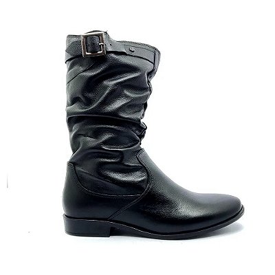Bota Feminina Rasteira Cano Médio Luna em Couro - Preta - Perlatto