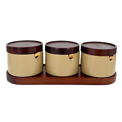 Conjunto de 3 Potes em Cerâmica com Base de Madeira - BTC Home Decor