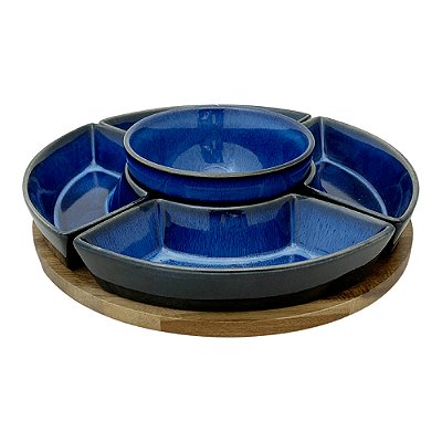 Conjunto 5 Petisqueiras Cerâmica Azul com Base de Madeira - BTC