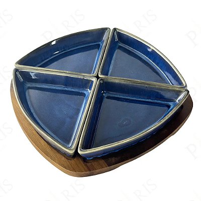 Conjunto 4 Petisqueiras Cerâmica Azul com Base Madeira - BTC