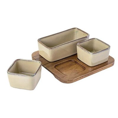 Conjunto 3 Petisqueiras em Cerâmica Base Madeira - BTC