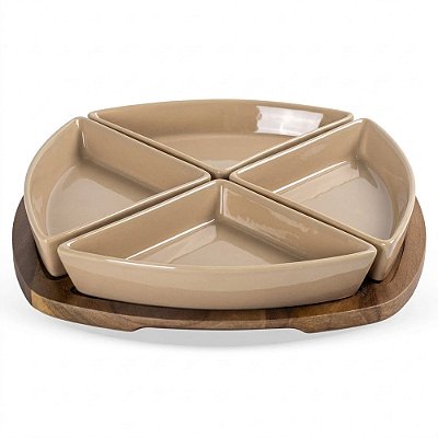 Conjunto 4 Petisqueiras em Cerâmica com Base Madeira - BTC